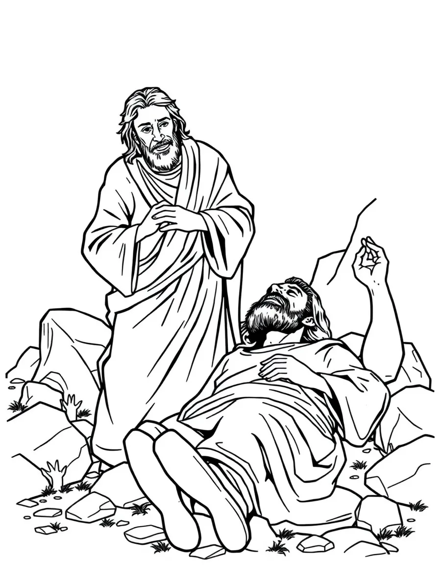 Paul and Barnabas being stoned and left for dead, but Paul gets up.