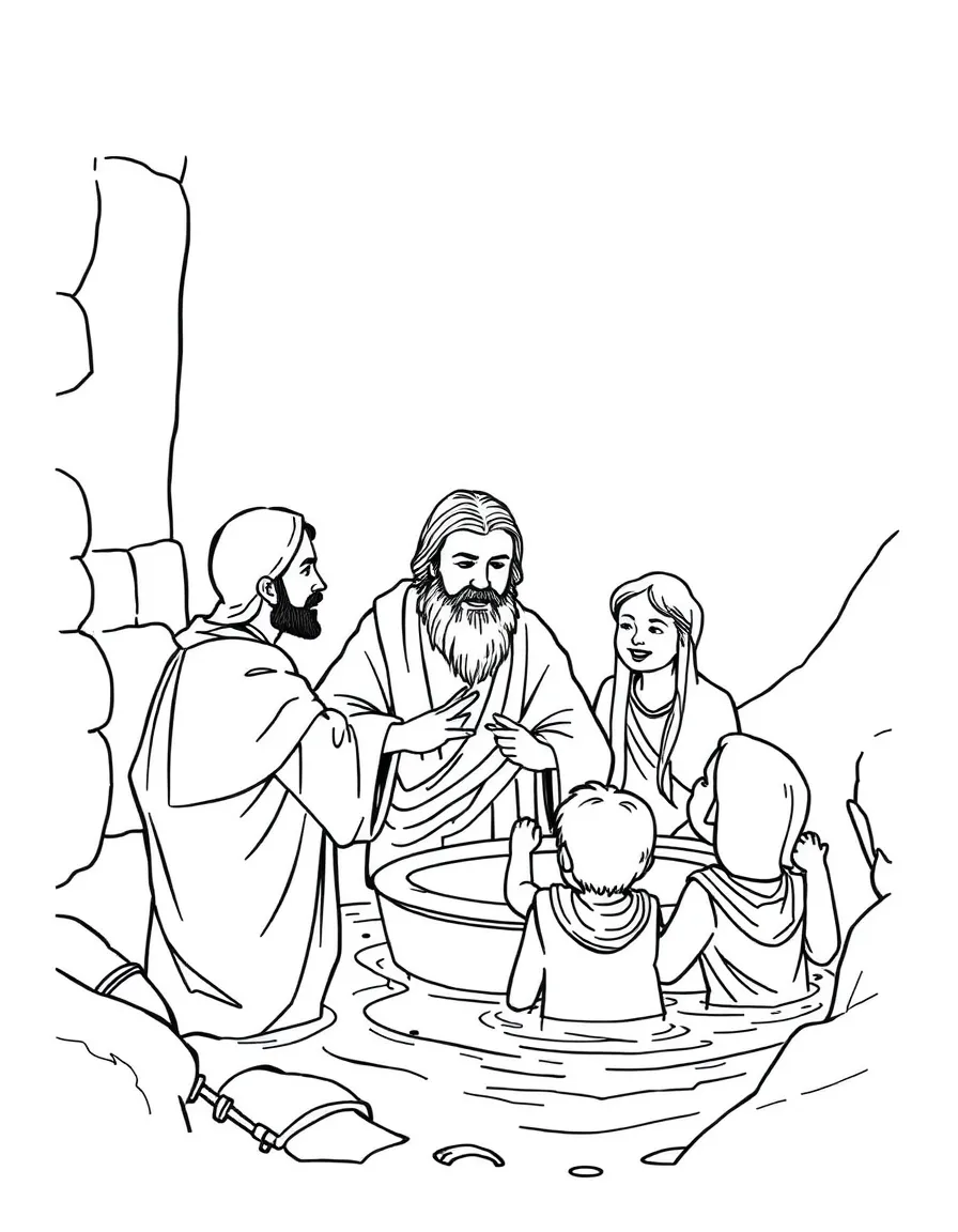 The Philippian jailer and his family being baptized.