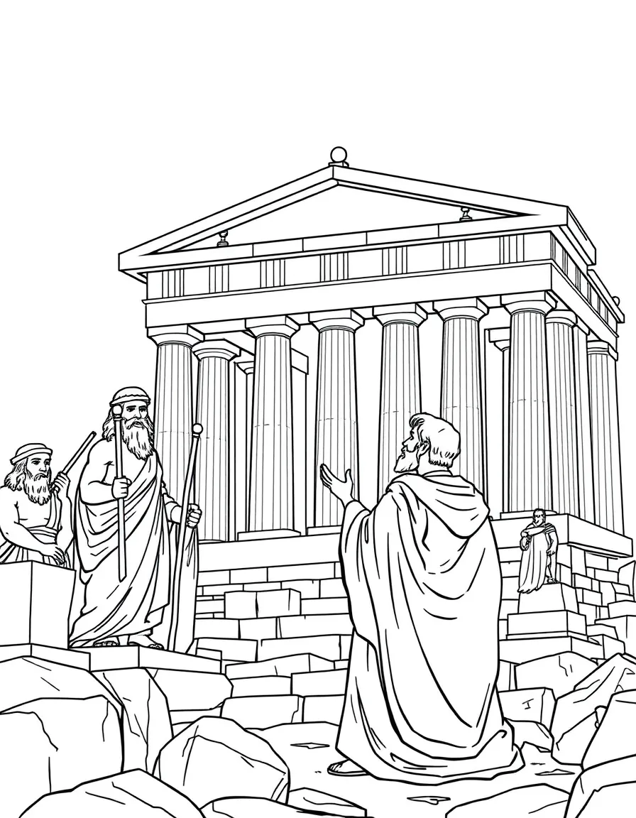 Paul preaching in Athens at the Areopagus, with statues of gods.
