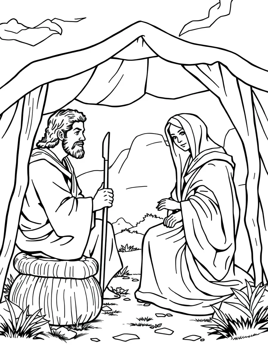 Paul making tents with Aquila and Priscilla in Corinth.
