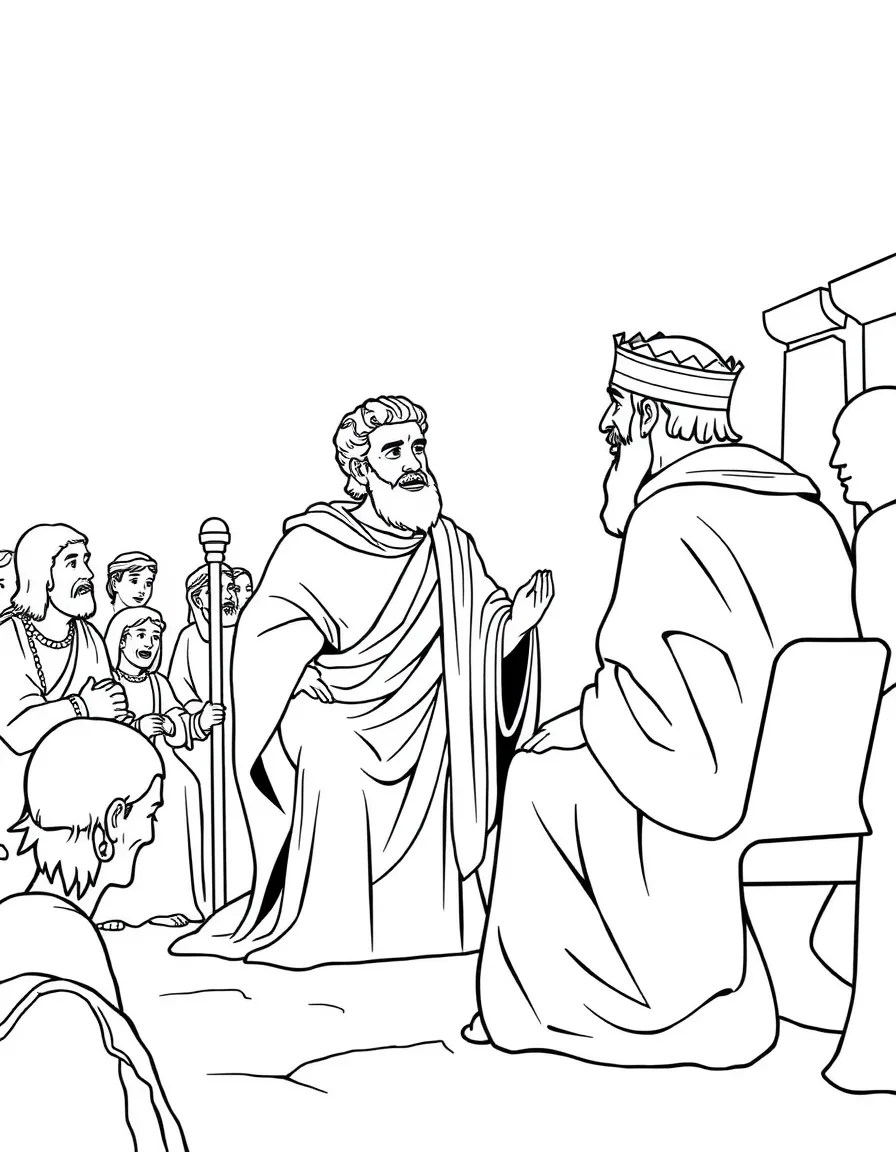 Paul speaking before King Agrippa, telling his conversion story.