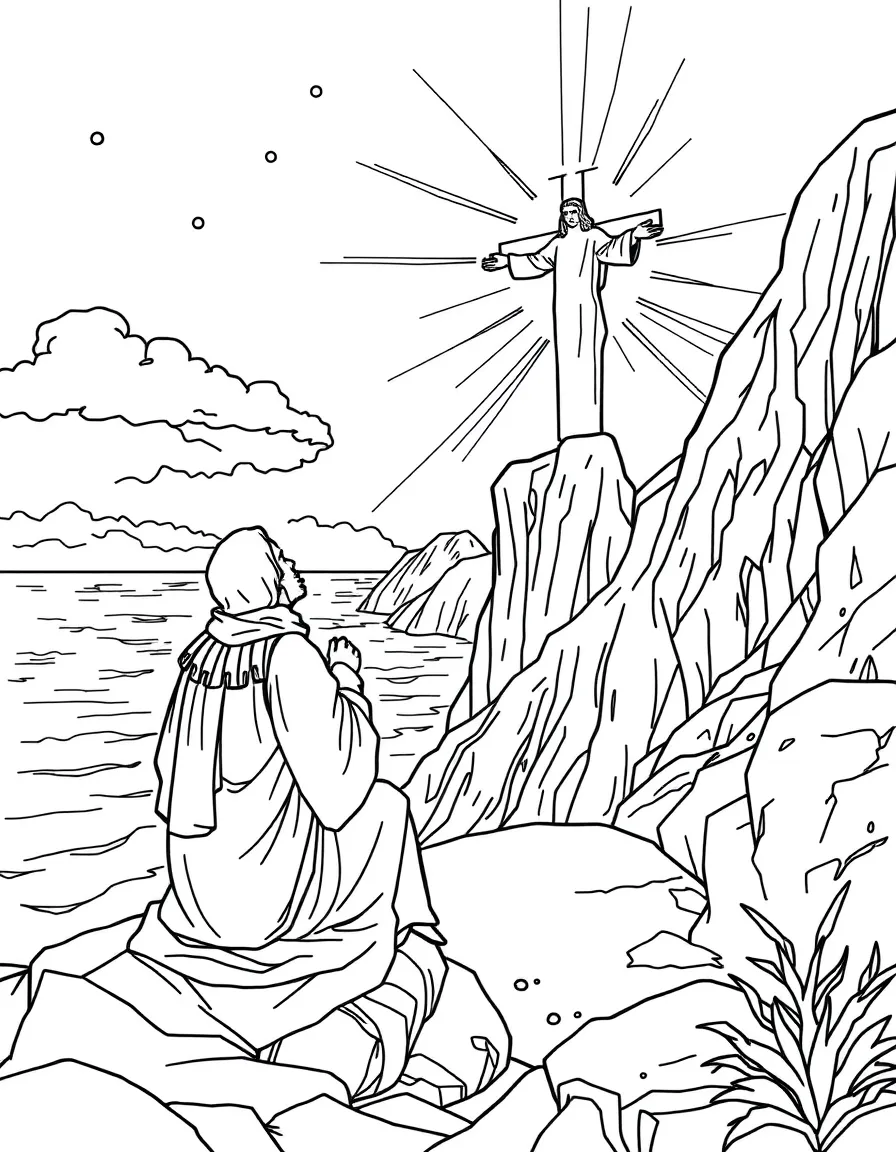 John on the island of Patmos, seeing a vision of Jesus.