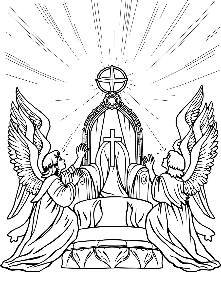 Angels praising God around a throne.