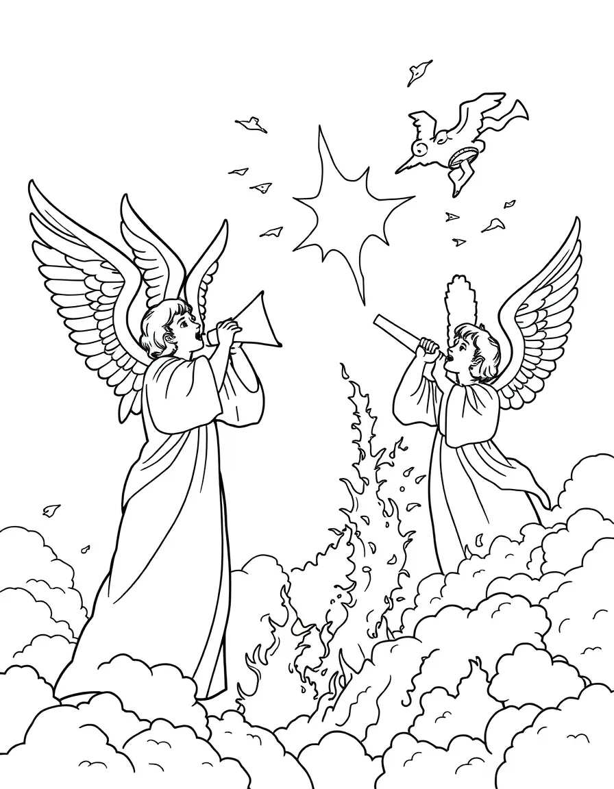 Angels sounding trumpets, with different disasters happening.