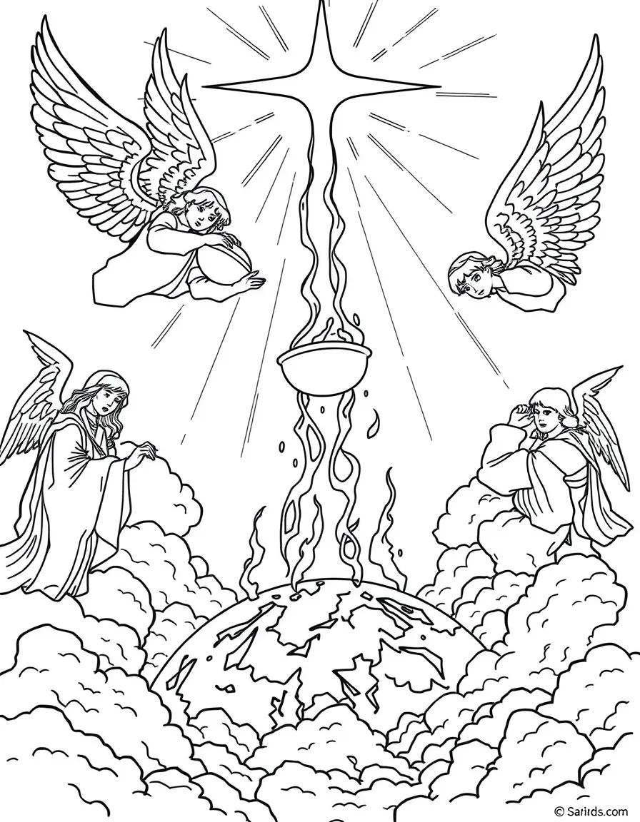 Angels pouring out bowls of wrath on the Earth.