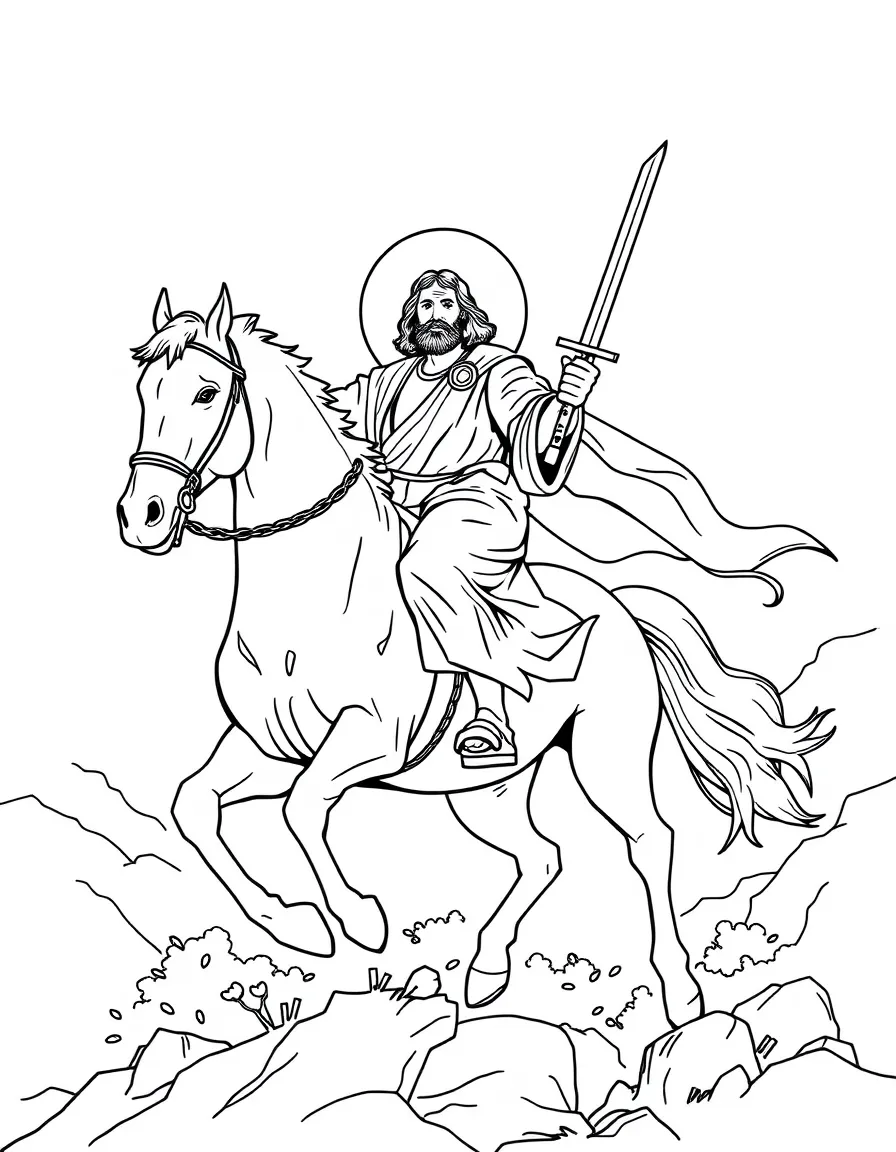 Jesus returning on a white horse, with a sword in his mouth.