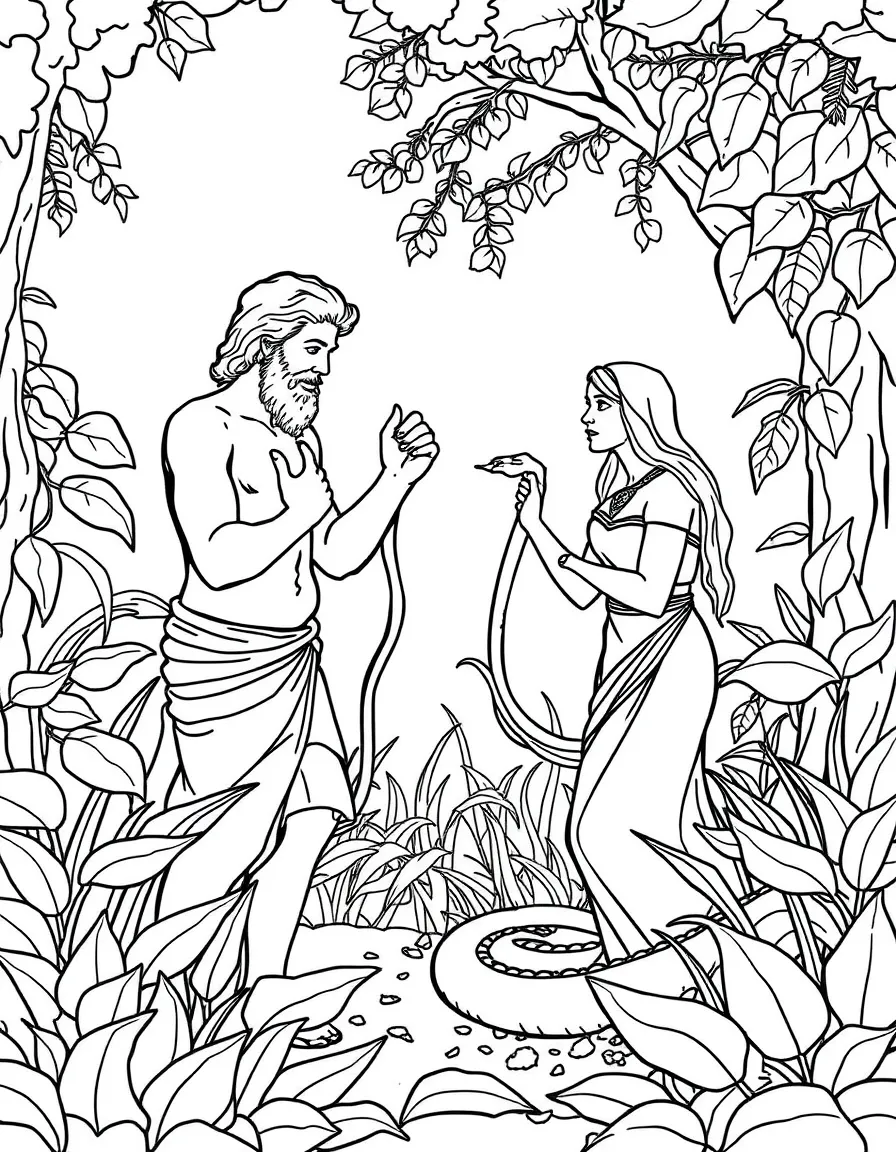 Adam and Eve being tempted by a snake in the garden.