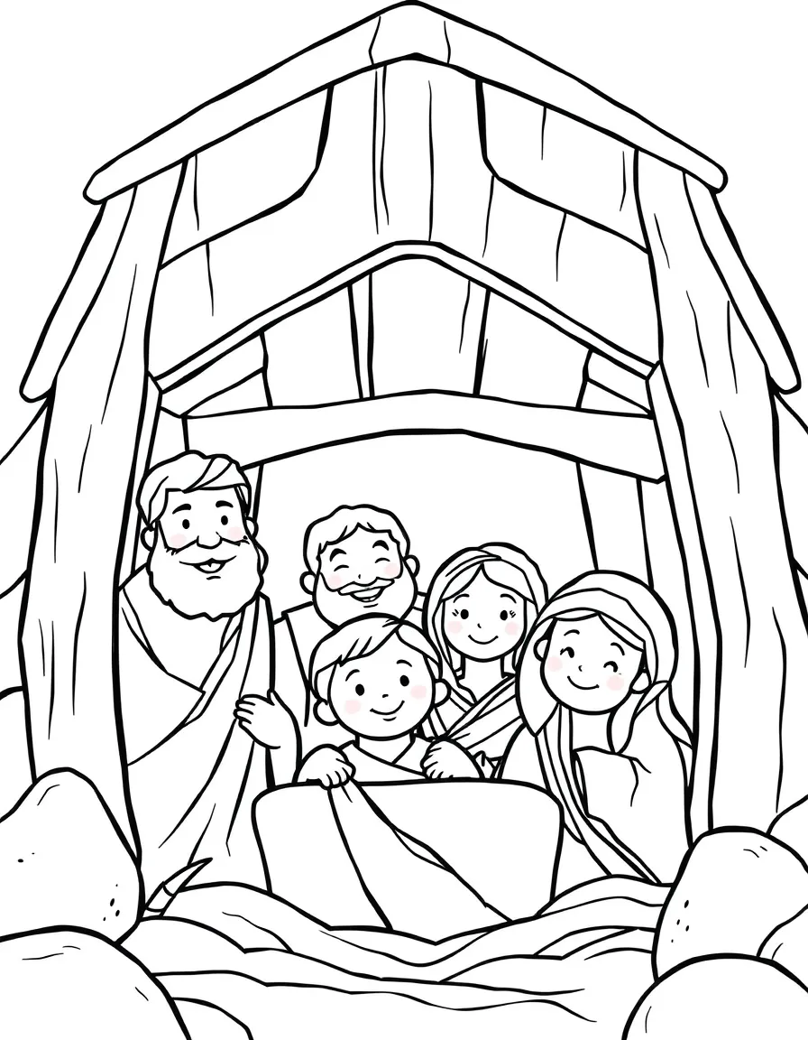 Noah's family entering the ark, with their faces smiling.