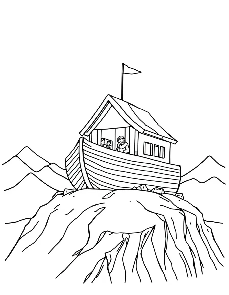 The ark resting on a mountain after the flood.