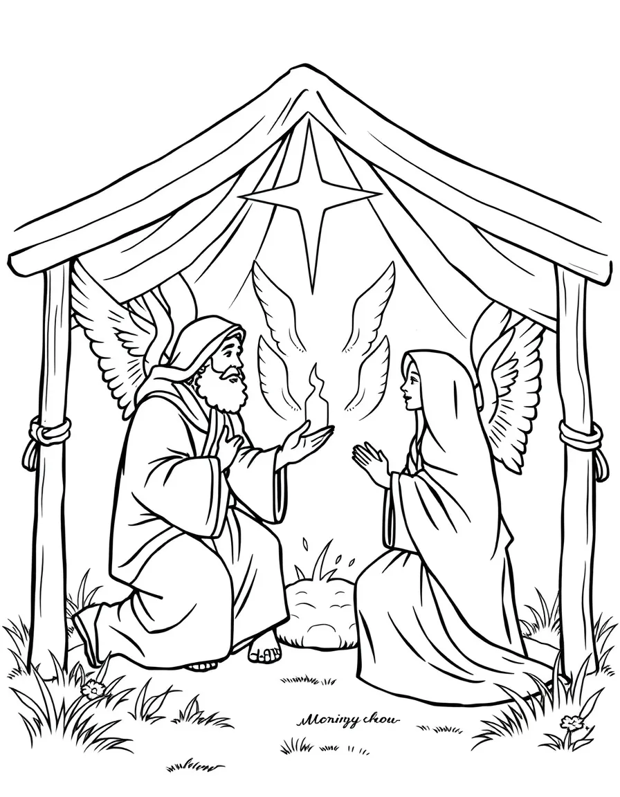 Abraham and Sarah welcoming three angels into their tent.