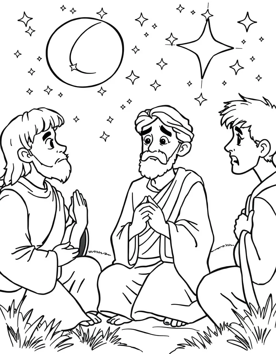 Joseph sharing his dreams with his brothers, who look annoyed.