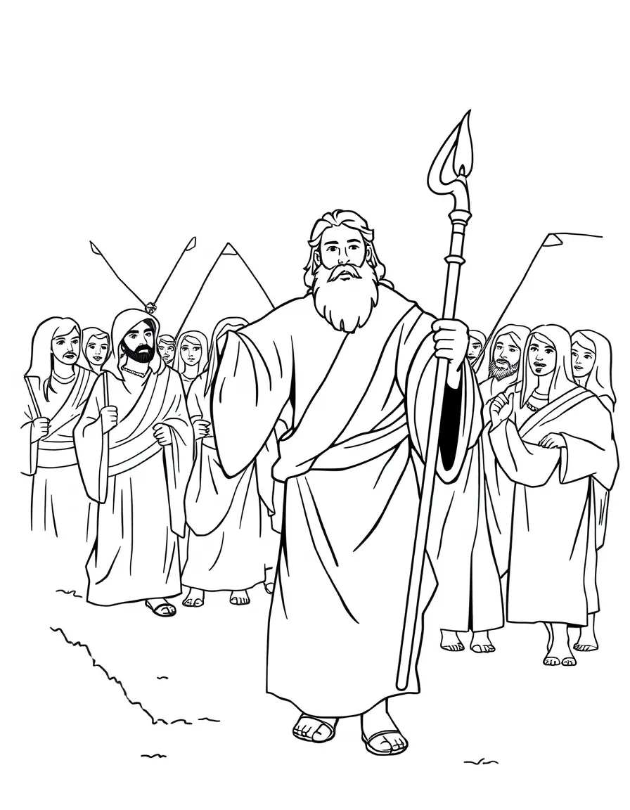 Moses leading the Israelites out of Egypt, with a staff in his hand.