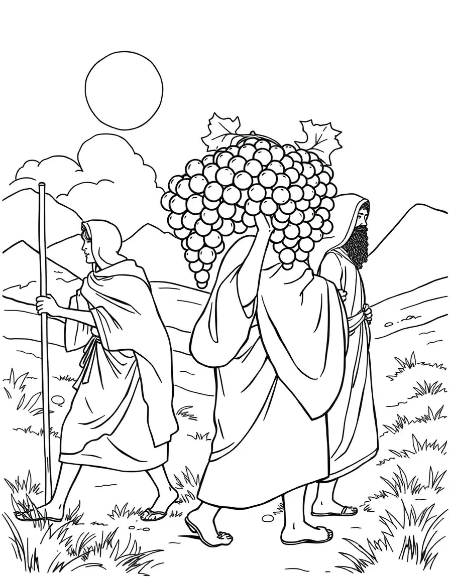 The spies exploring the Promised Land, carrying a huge bunch of grapes.