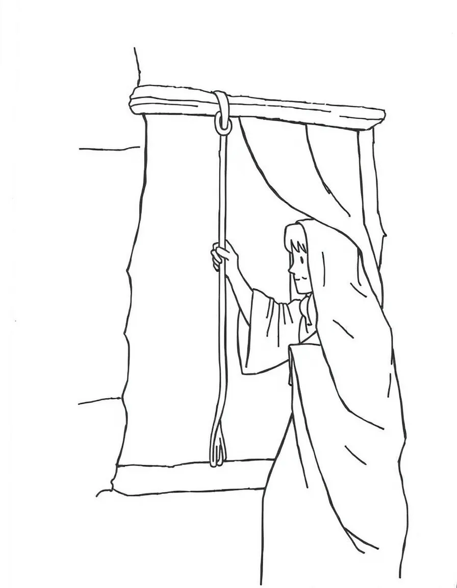 Rahab hanging a red cord from her window.