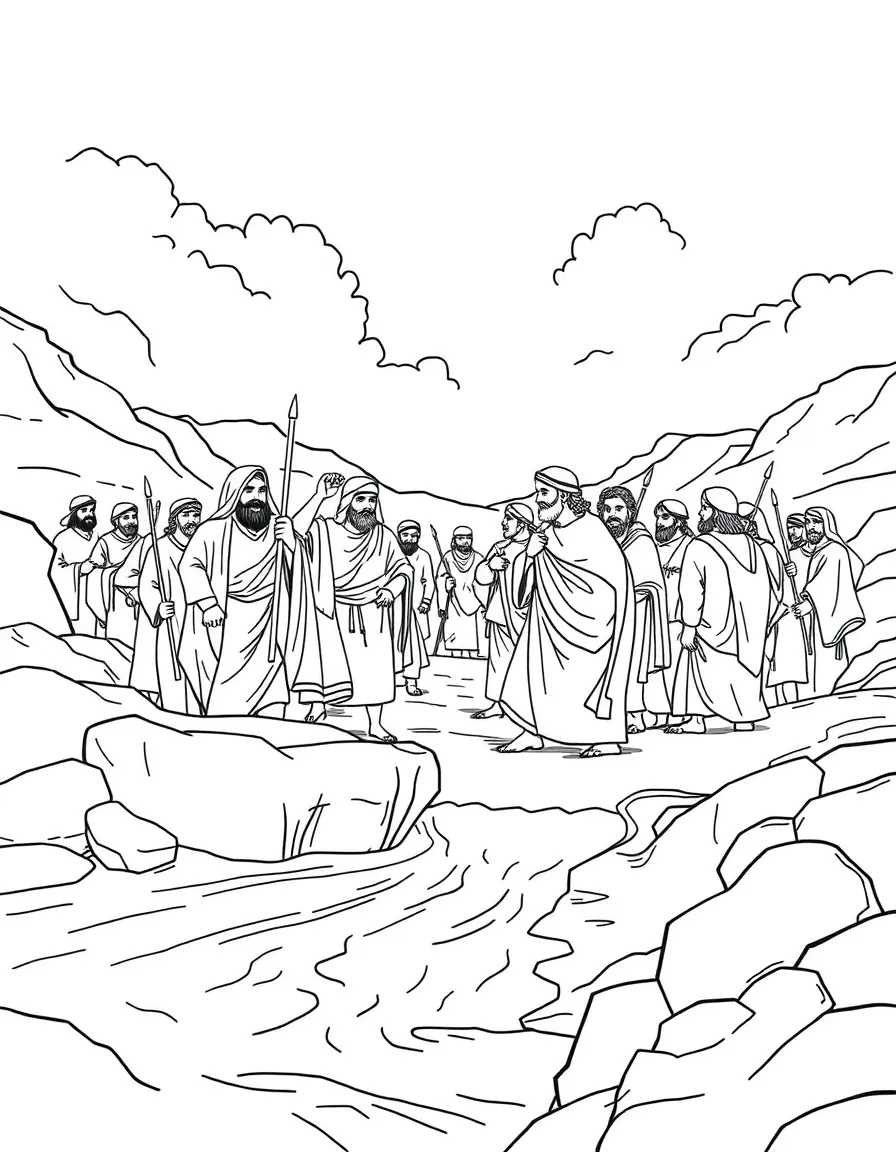 Joshua leading the Israelites across the Jordan River on dry ground.