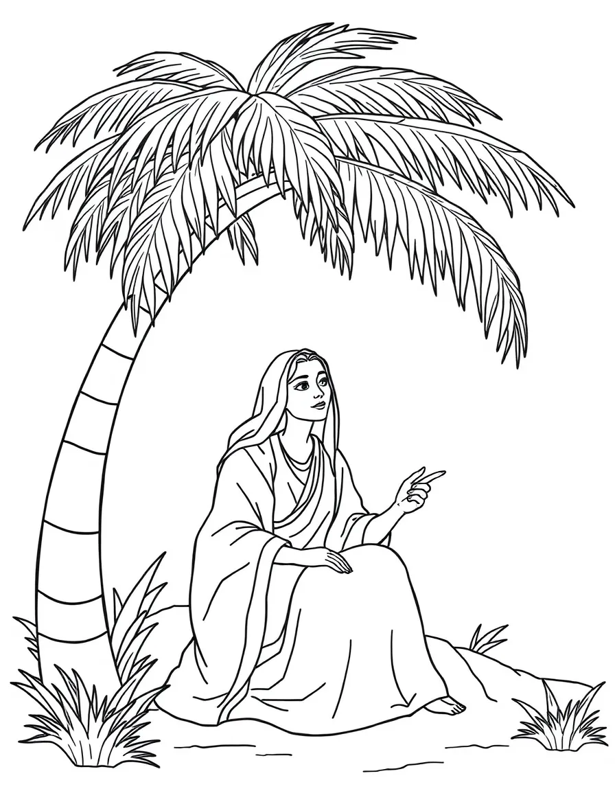 Deborah, a prophetess and judge, sitting under a palm tree.