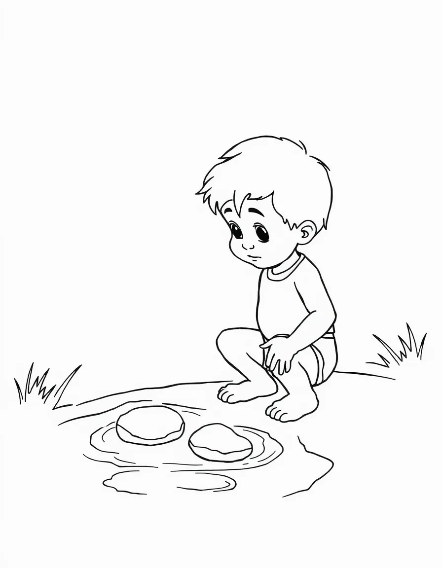 David picking five smooth stones from a stream.