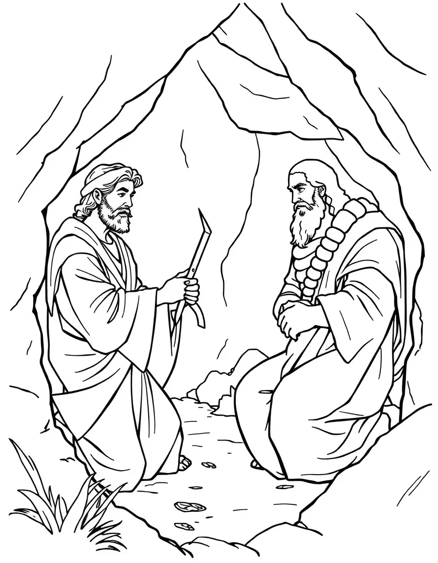 David cutting off a piece of Saul's robe in the cave.