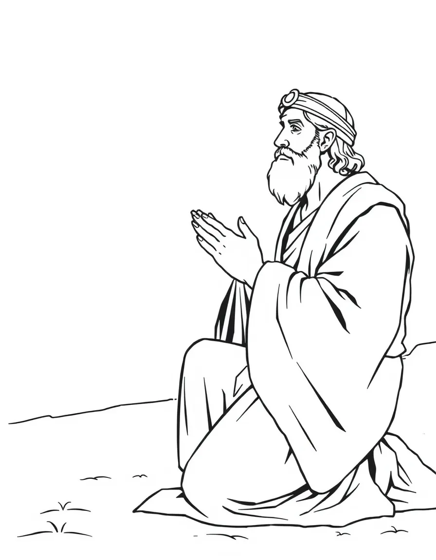 King David repenting for his sin, kneeling in prayer.