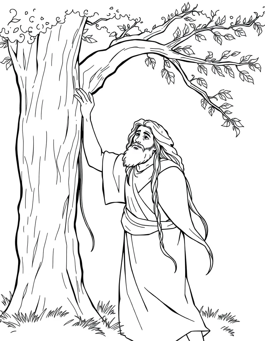 Absalom with his long hair caught in a tree.