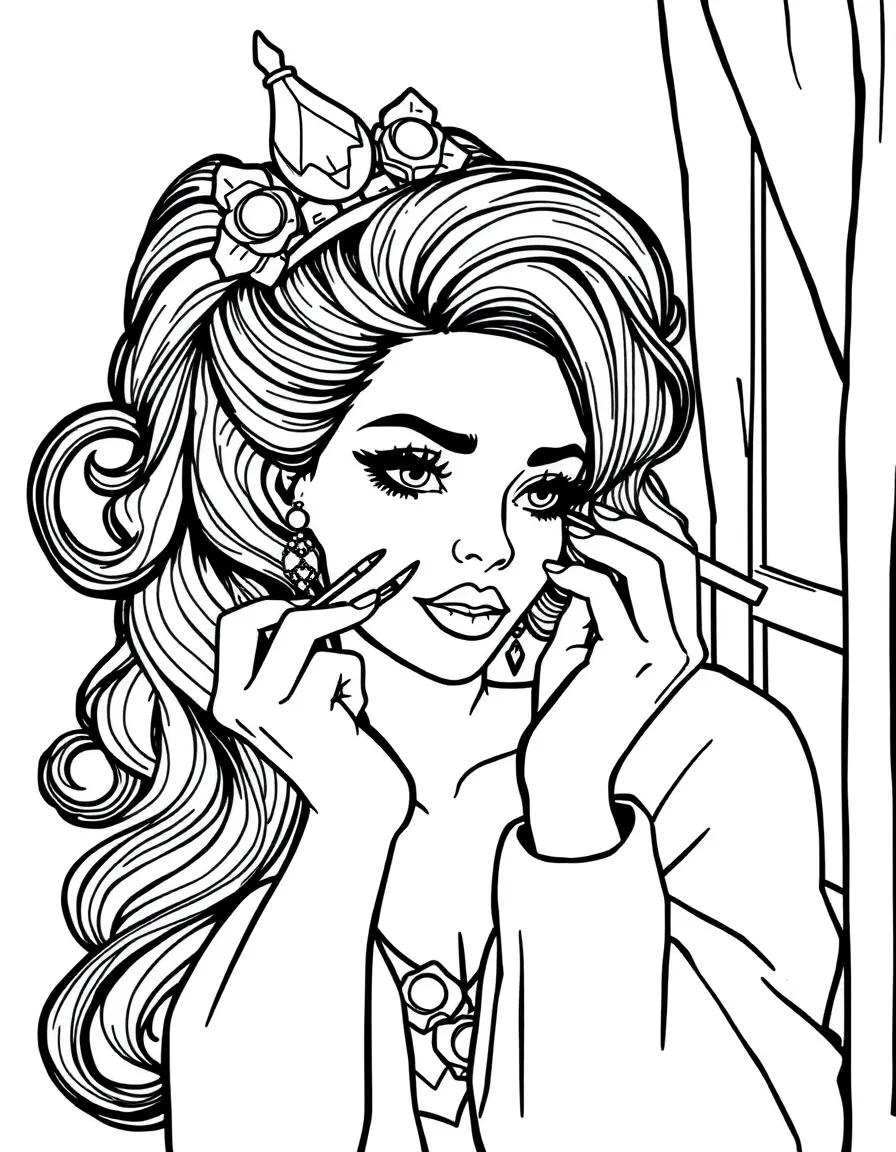 Jezebel painting her face and looking out a window.