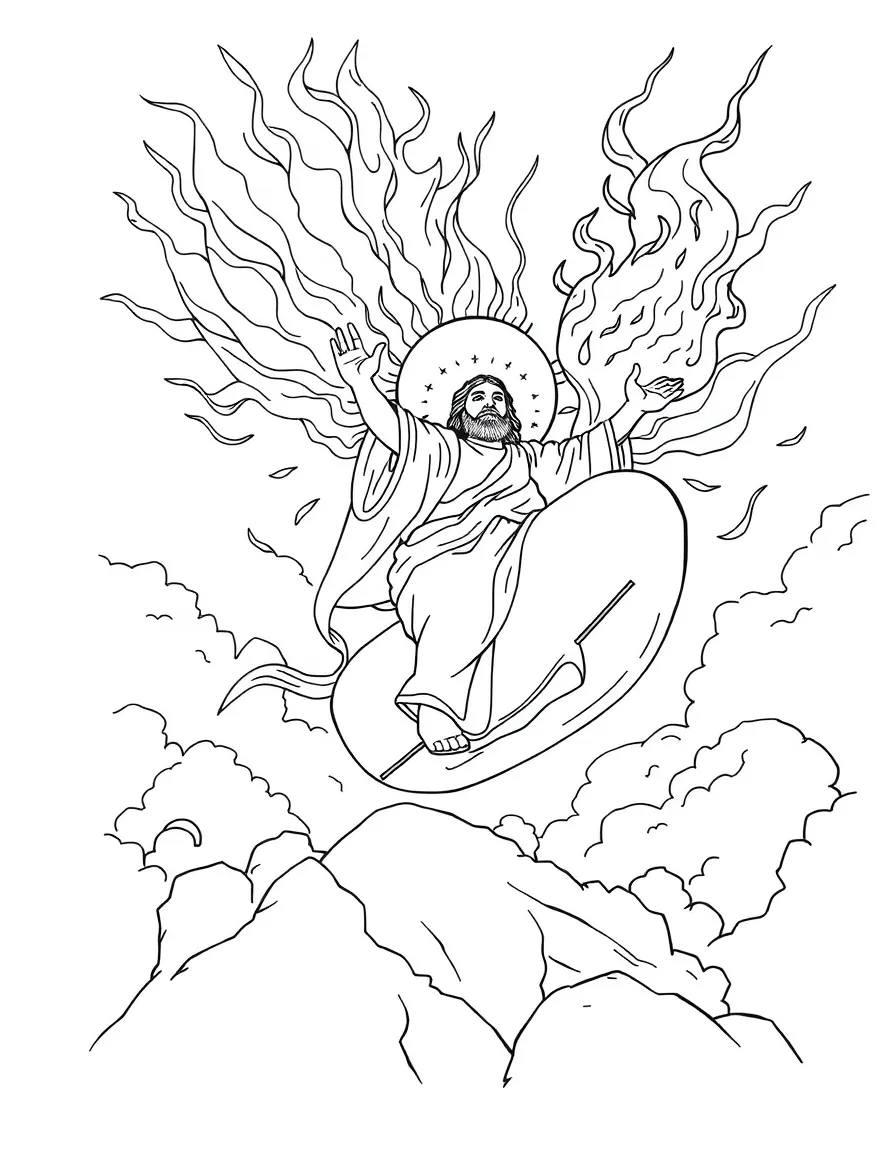 Elijah being taken up to heaven in a fiery chariot.