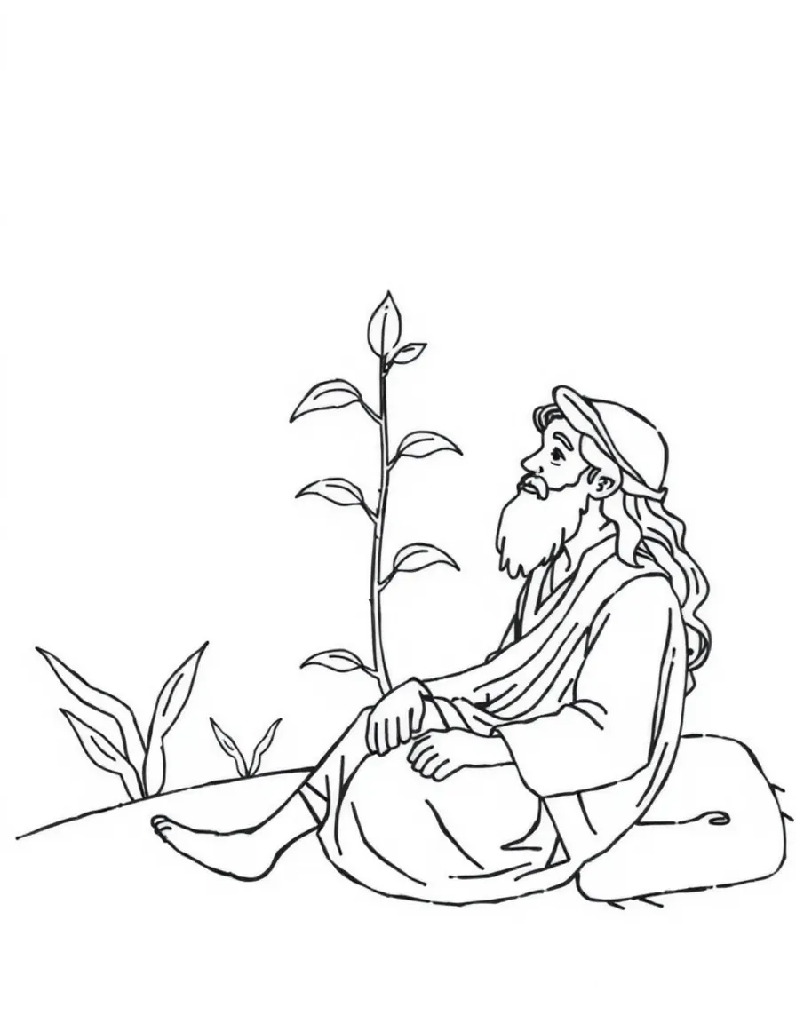 Jonah sitting under a plant that grows and then withers.