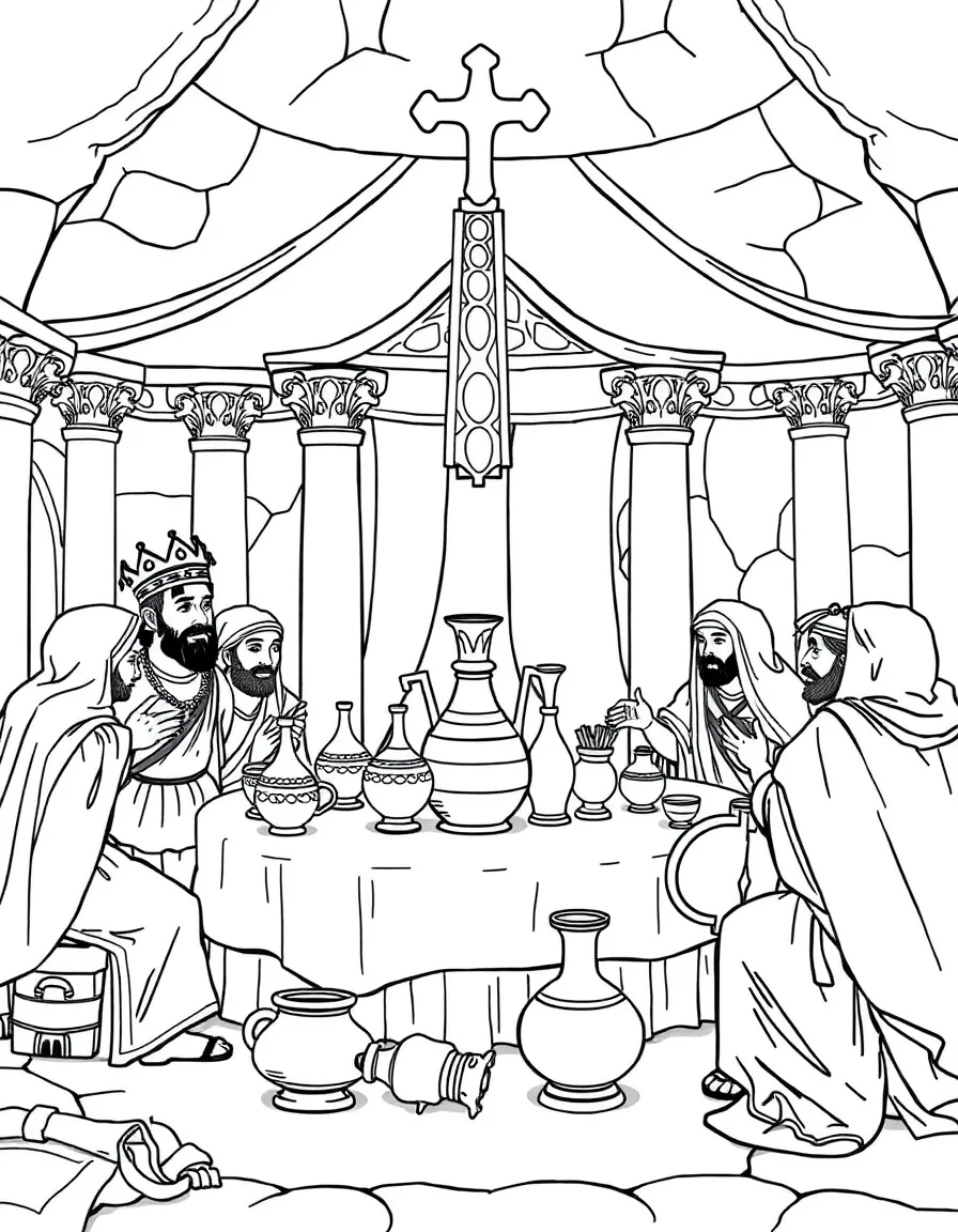 Belshazzar's feast, with valuable vessels from the temple.