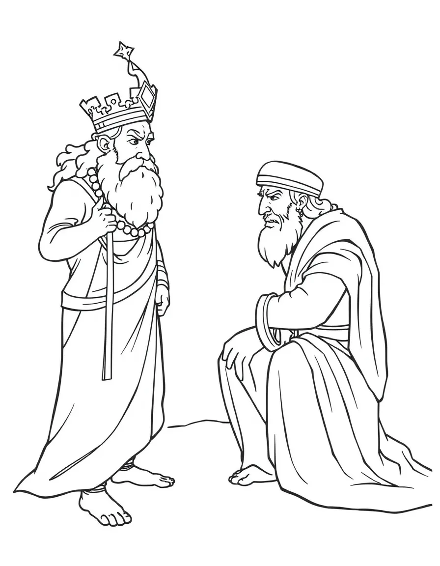 Haman bowing down to Mordecai, looking angry.