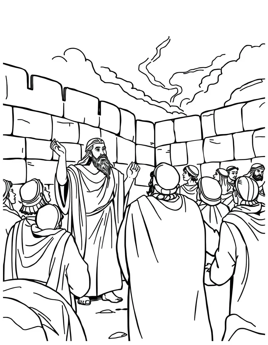 Nehemiah inspiring the people to rebuild the wall.
