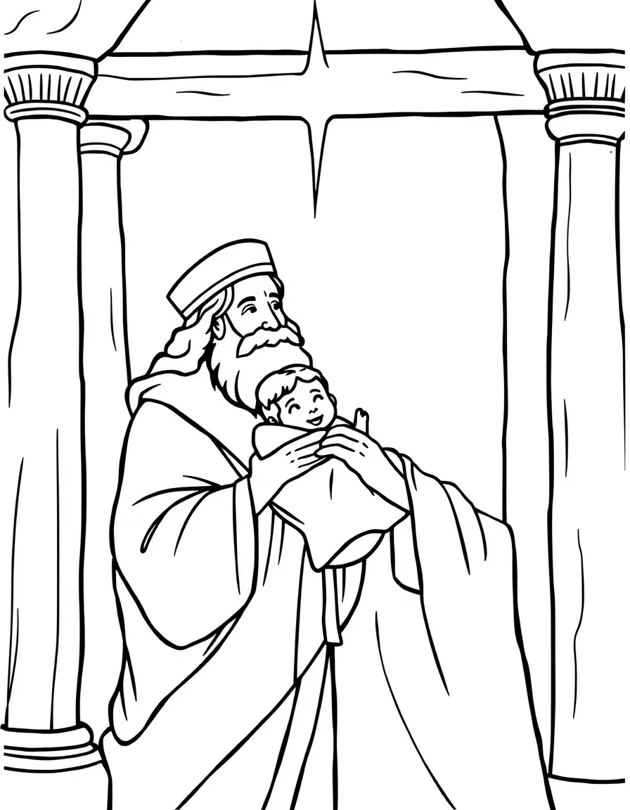 Simeon holding baby Jesus in the temple and praising God.