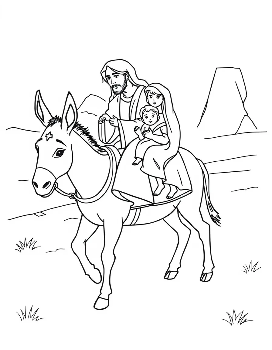 Jesus' family fleeing to Egypt on a donkey.