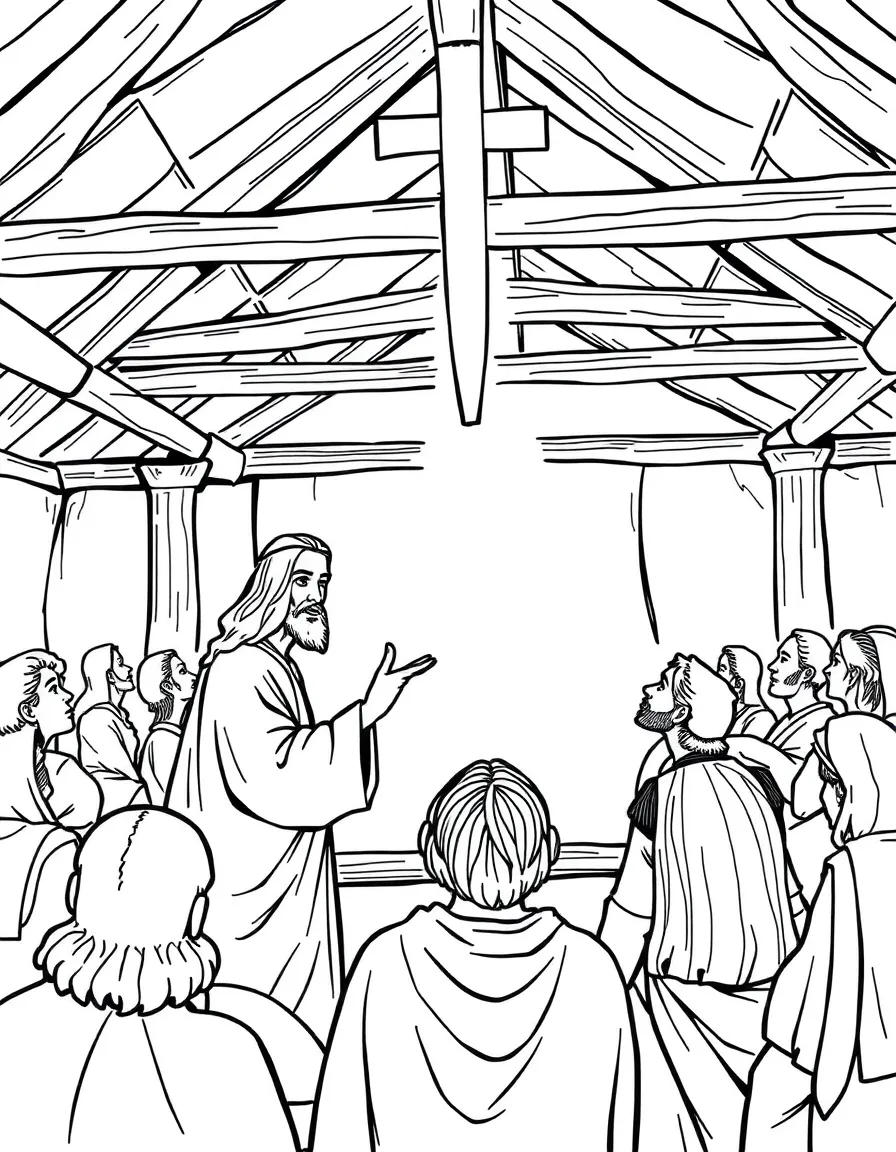 Jesus teaching in the synagogues, with people listening intently.