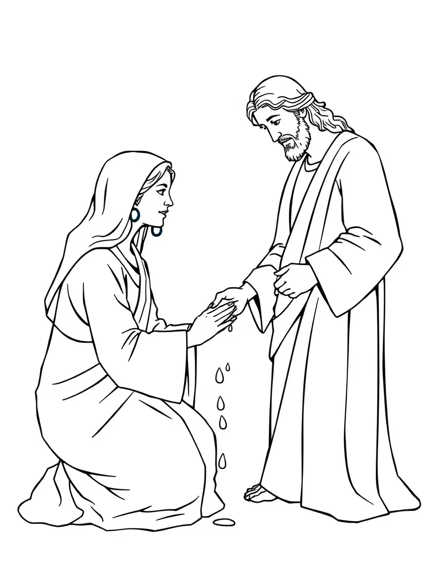 Jesus forgiving a sinful woman who washes his feet with her tears.