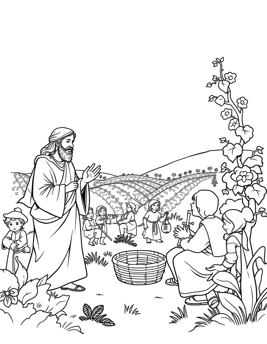 Jesus telling the parable of the laborers in the vineyard, all getting the same wage.