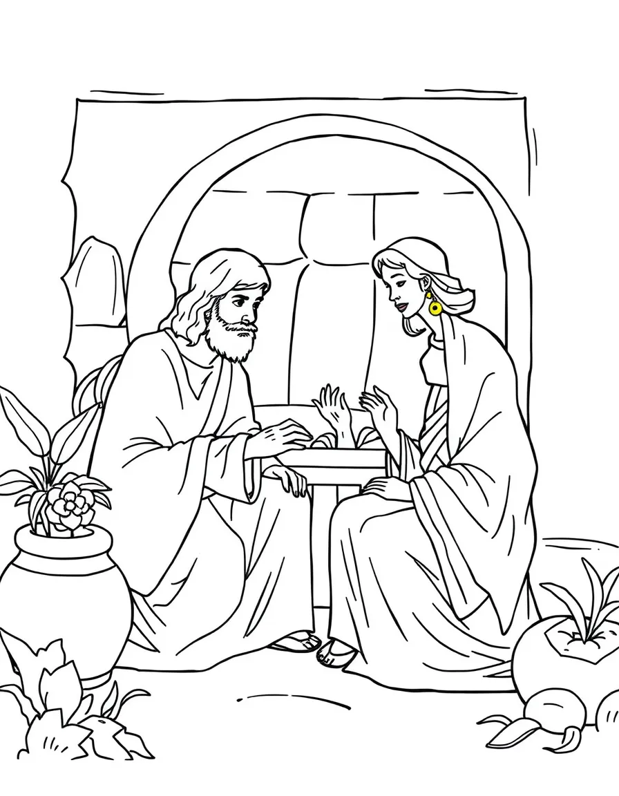 Jesus at the home of Mary and Martha, with Mary listening at his feet.