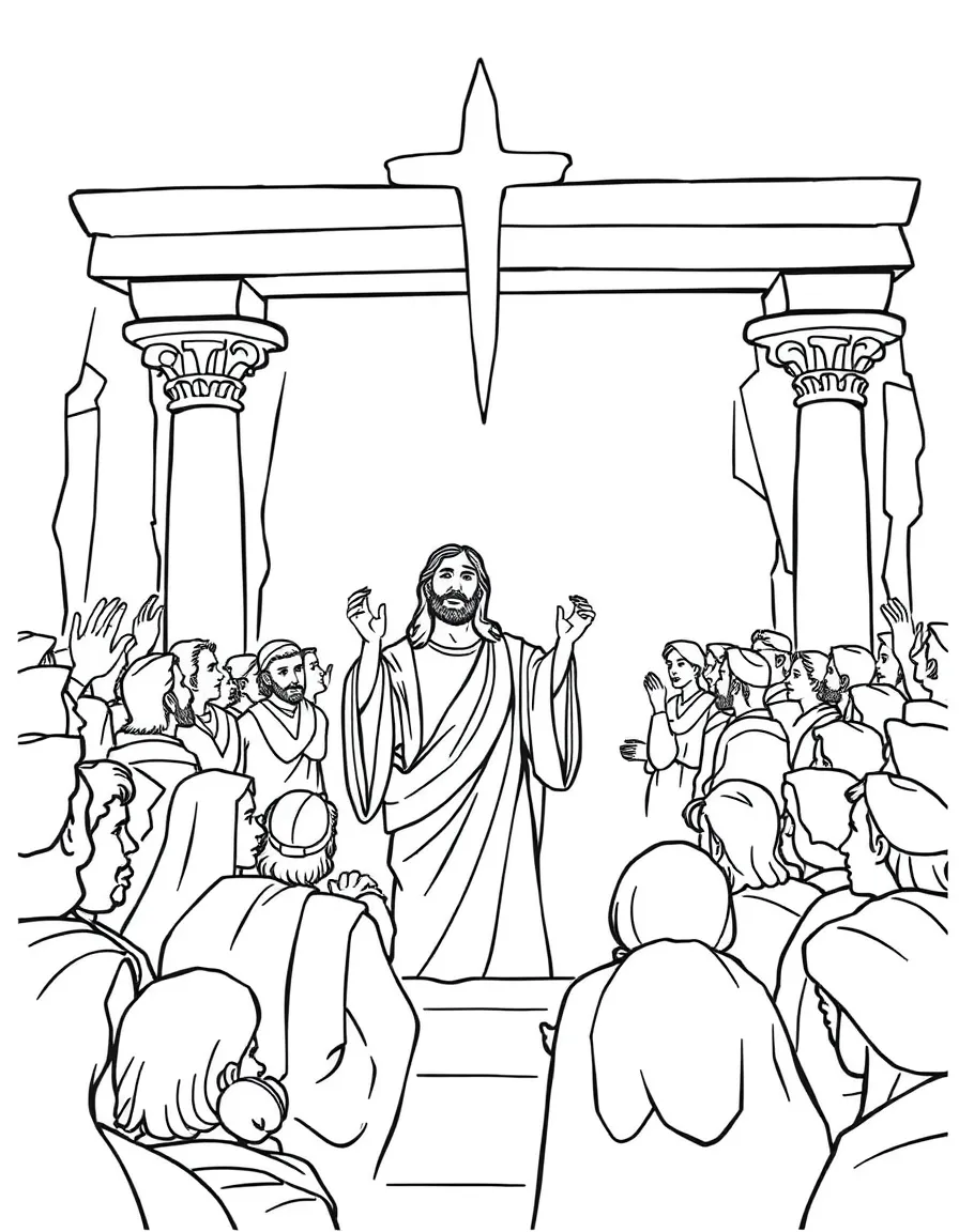Jesus teaching in the temple, with crowds around him.