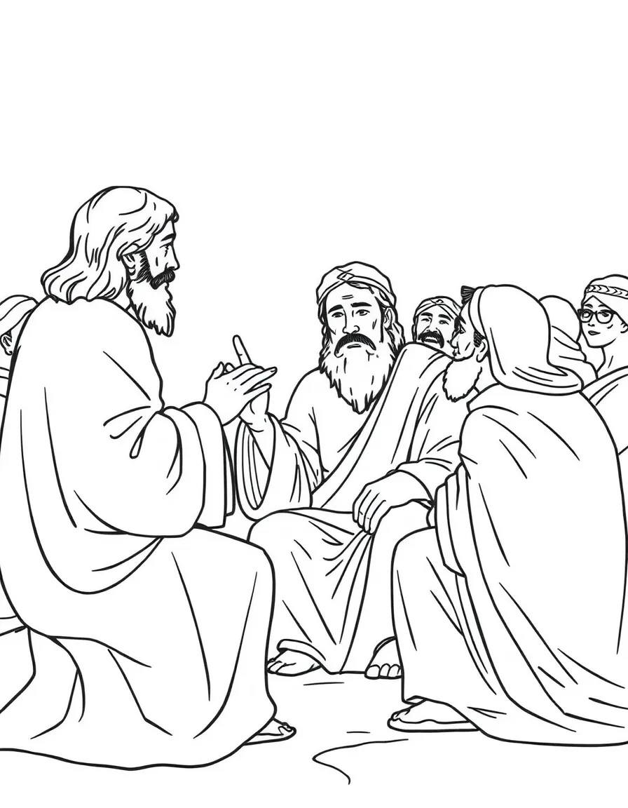 Jesus answering questions from the Pharisees and Sadducees.