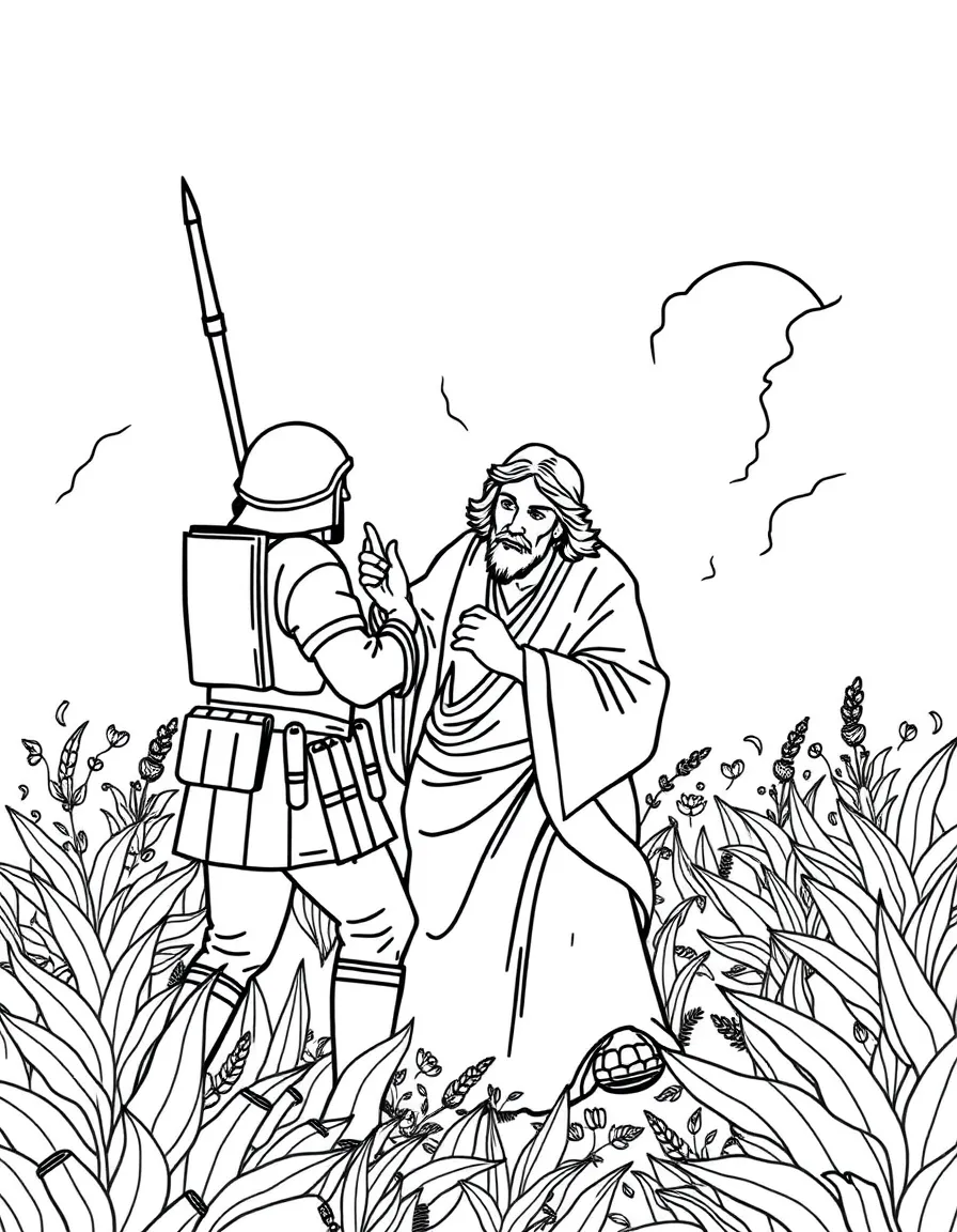 Jesus being arrested by soldiers in the garden.