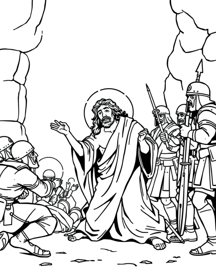 Jesus being mocked and beaten by soldiers.