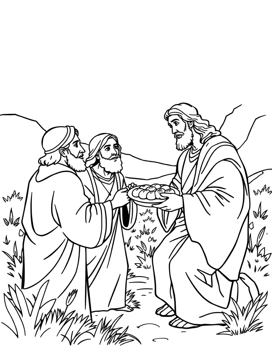 Jesus appearing to two disciples on the road to Emmaus, breaking bread.