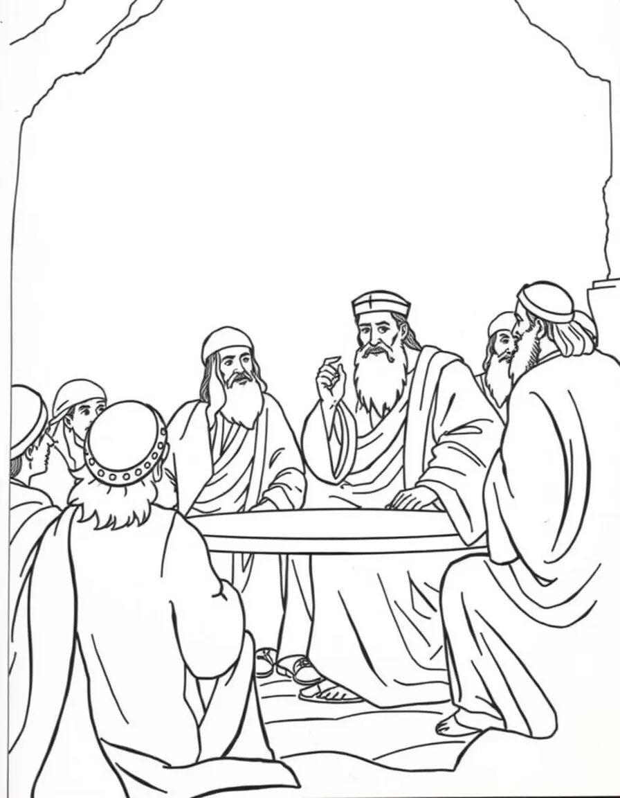 Gamaliel giving wise counsel to the Sanhedrin about the apostles.