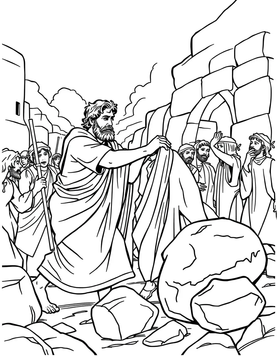 Paul being dragged out of the city and stoned, but he gets up.
