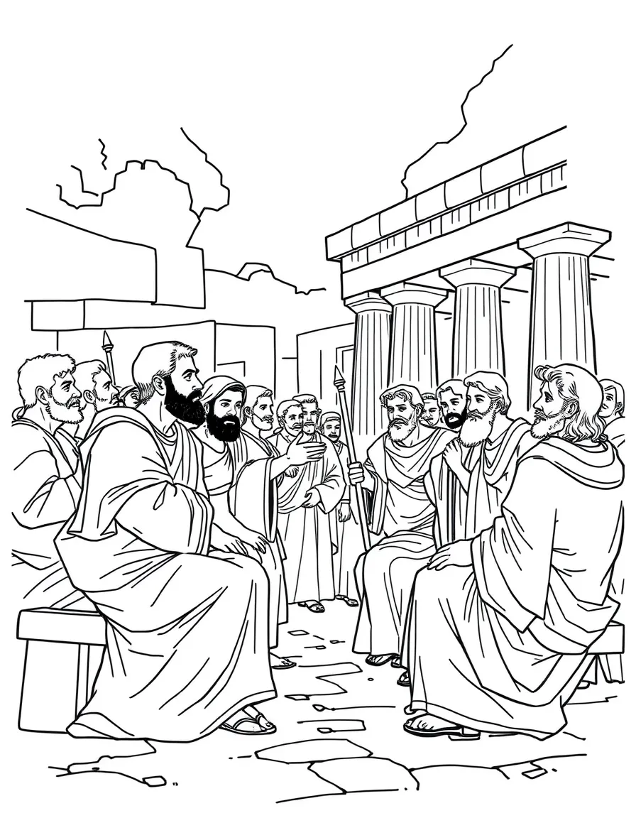 Paul debating with philosophers in the marketplace in Athens.