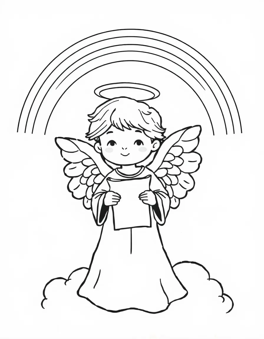 A mighty angel with a rainbow over his head, holding a little scroll.