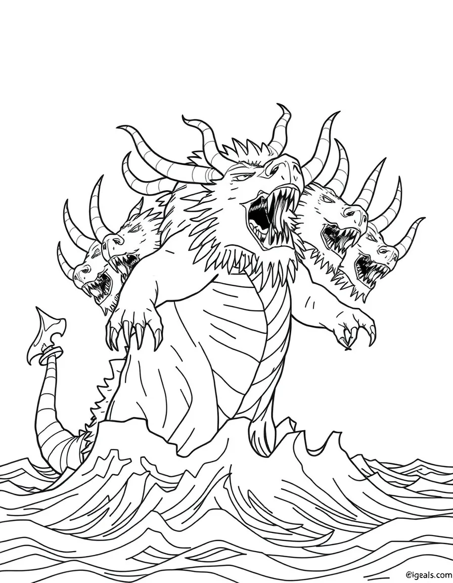 The beast rising from the sea with seven heads and ten horns.