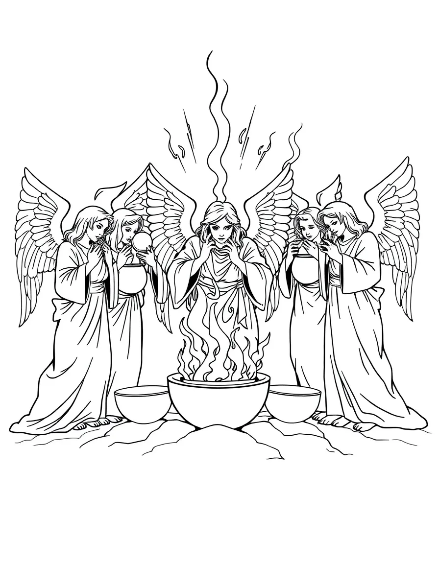 Seven angels with seven plagues, preparing to pour out bowls.