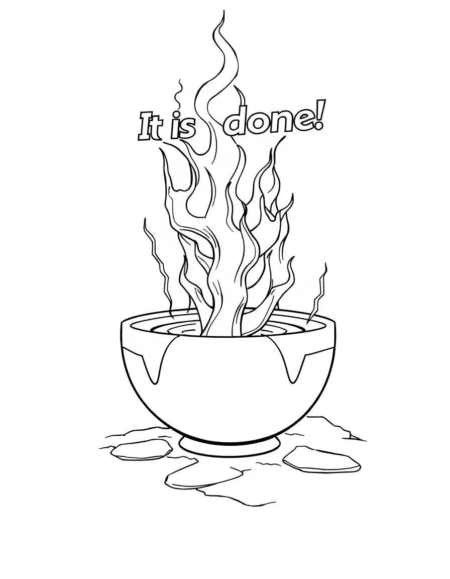 The seventh bowl poured out, with a loud voice from the throne saying, "It is done!"