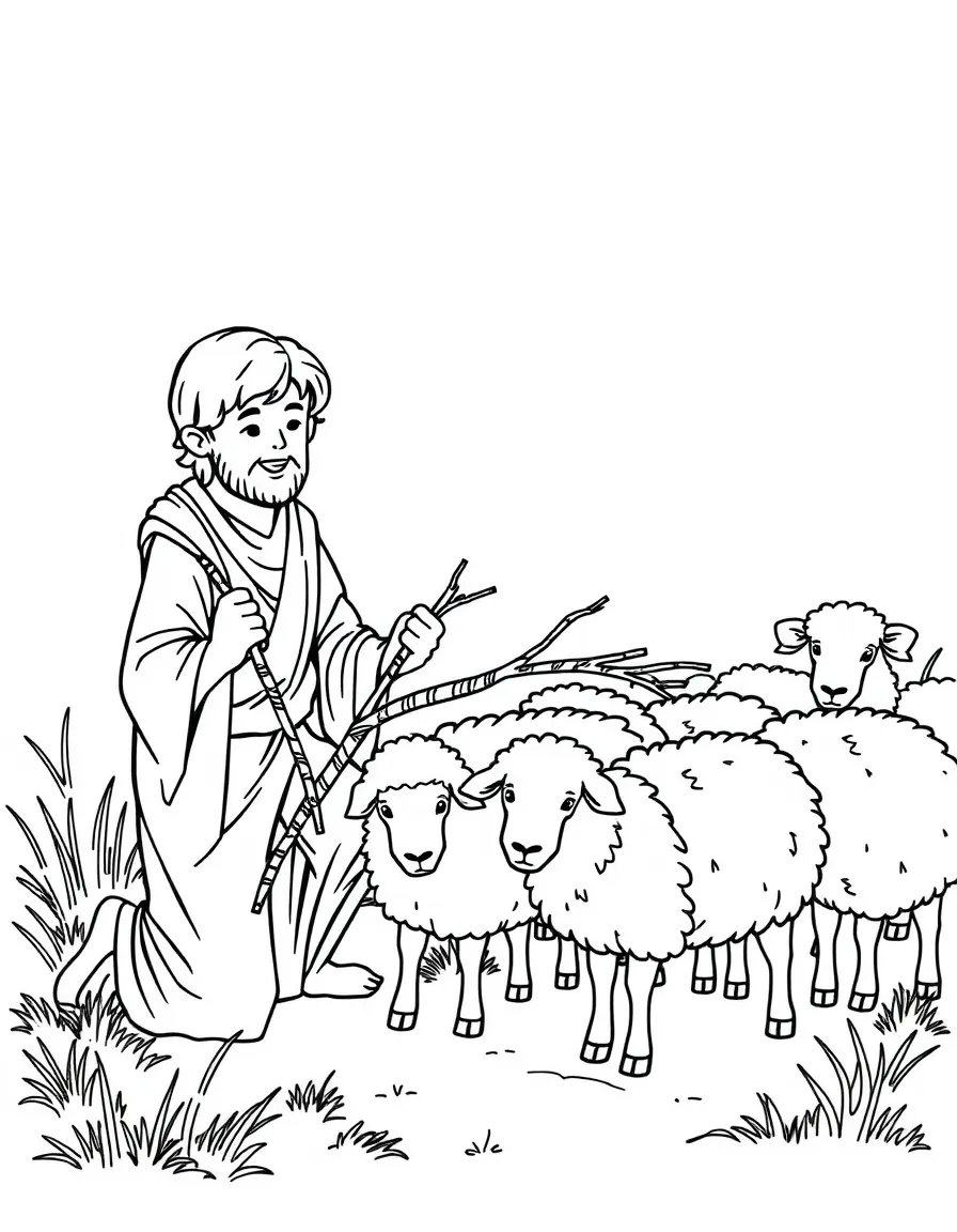Jacob putting striped branches in front of the sheep.