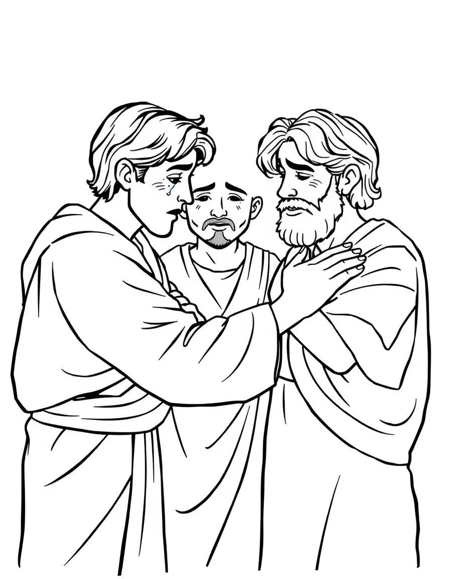 Joseph revealing himself to his brothers, with tears and hugs.